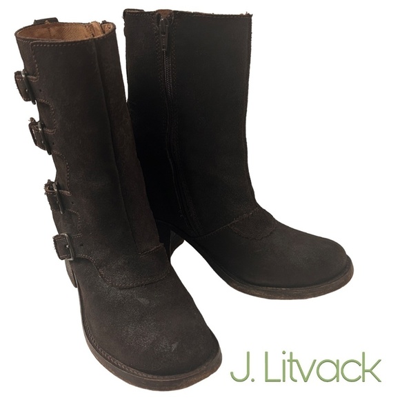 JL J. Litvack Moto Boots Bootie Brown Suede Four Buckle Chunky Stacked Heel - Picture 14 of 16